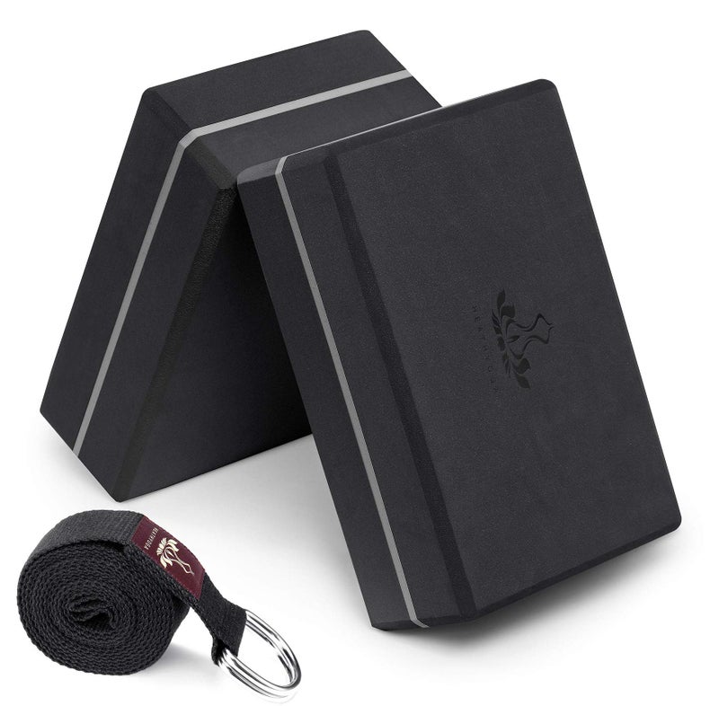 Heathyoga Yoga Blocks 2 Pack with Strap  High Density EVA Foam Yoga Block and Yoga Strap Set to Support and Improve Poses and Flexibility (Black) - Image 1
